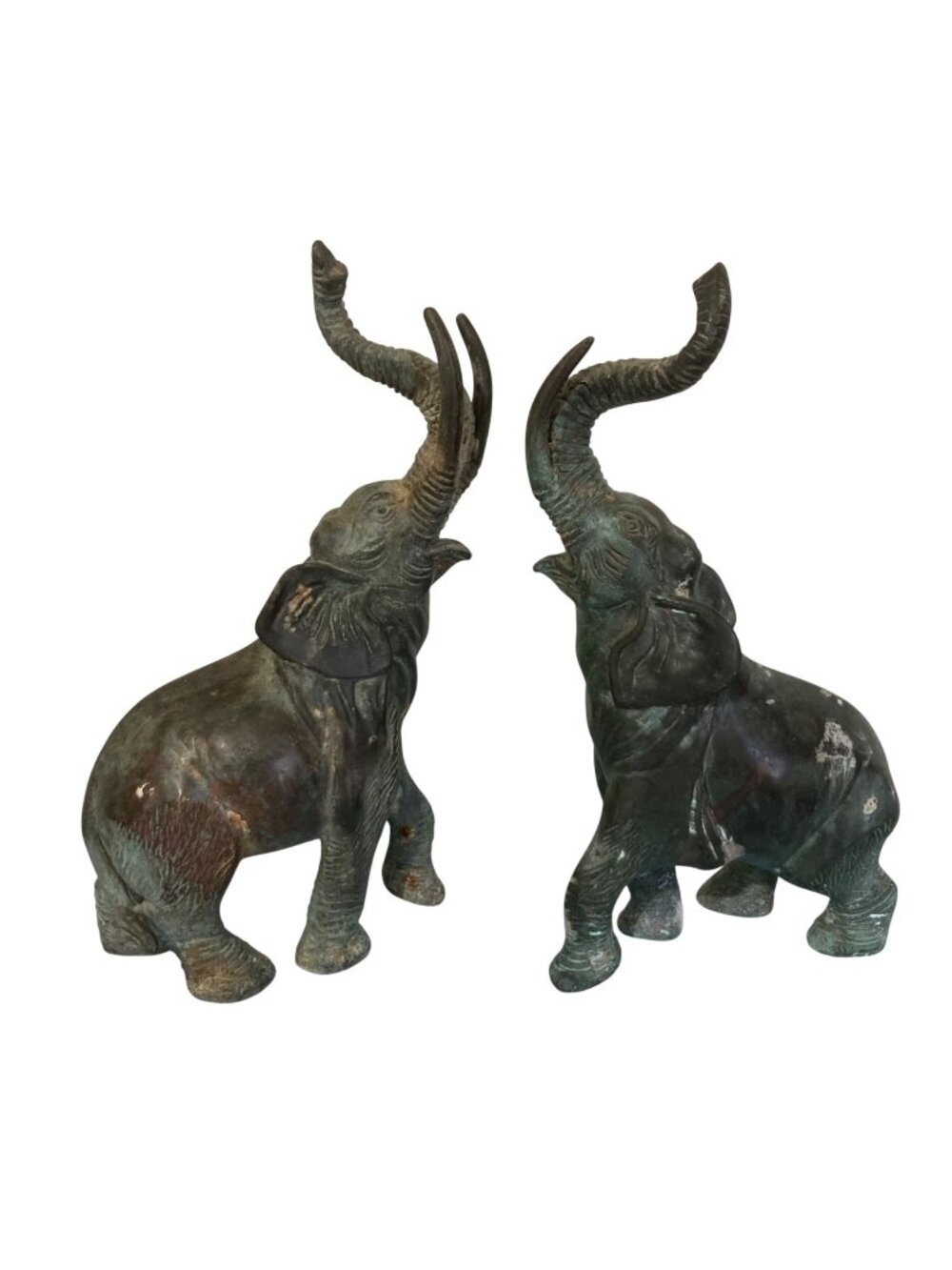 Vintage Pair Of Cast Metal Weathered Patina Elephant Statues W/ Raised Trunks